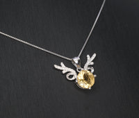 Sterling Silver Round Citrine Necklace - Deer Antler Pendant - November Birthstone - Angel Wing Round Cut 2 CT Natural Citrine Jewelry #372