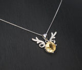 Sterling Silver Round Citrine Necklace - Deer Antler Pendant - November Birthstone - Angel Wing Round Cut 2 CT Natural Citrine Jewelry #372