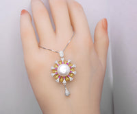 Natural Large White Pearl Necklace, 18KGP @ Sterling Silver - Sunflower Sun Sunshine Style Fresh water Pearl Jewelry #640