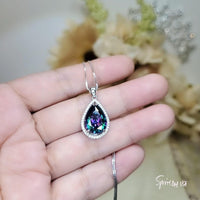 Large Teardrop Mystic Topaz Necklace 5 CT Gemstone Halo Pear Rainbow Topaz Pendant Sterling Silver White Gold Plated Solitaire #564
