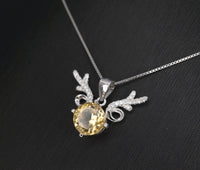 Sterling Silver Round Citrine Necklace - Deer Antler Pendant - November Birthstone - Angel Wing Round Cut 2 CT Natural Citrine Jewelry #372