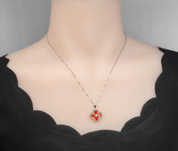 Red Orange Sunstone Necklace - Four leaf clover Tangerine Orange Sapphire Pendant - Sterling Silver Spessartite Garnet Jewelry 046