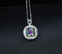 Dainty Cushion Mystic Topaz Necklace - Sterling Silver Gemstone Square Halo Solitaire Royal Rainbow Topaz Jewelry #173