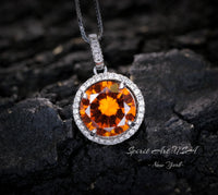 Orange Sunstone Necklace - Tangerine Sapphire Jewelry- High Quality Gemstone Halo Sterling Silver 4 CT Lab Created Sun Stone Pendant #948