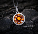Orange Sunstone Necklace - Tangerine Sapphire Jewelry- High Quality Gemstone Halo Sterling Silver 4 CT Lab Created Sun Stone Pendant #948