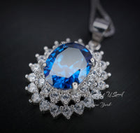 Large Blue Sapphire Necklace - 2.8 CT Double Halo Gemstone Blue Sapphire Pendant - September Birthstone - Jewelry #646