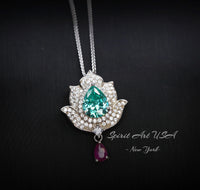 Green Paraiba Tourmaline Necklace - 18KGP @ Sterling Silver - Gemstone Lotus Flower Necklace - Large Paraiba Pendant #923