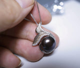 Natural Black Pearl Necklace Sterling Silver, Large Freshwater bridal Peal jewelry Mermaid Fish Tail Jewelry 1098