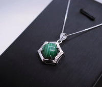 Genuine Malachite Necklace Silver - 925 Sterling Silver Green Malachite Pendant , Geometric Hexagonal Malachite Jewelry #137
