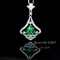 Mandolin flower Emerald Necklace - 1.2 ct Trillion Cut Green Emerald Pendant - White Gold coated Sterling Silver Gemstone Design #759