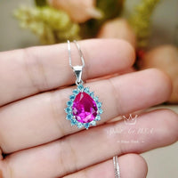 Teardrop Pink Sapphire Necklace - Aquamarine Halo Pink Sapphire Pendant - 18KGP - Sterling Silver - 2.75 CT Fuchsia Gemstone Jewelry #669