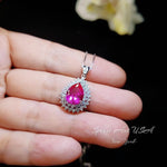 Double Halo Teardrop Pink Topaz Necklace - Gemstone Halo Teardrop Fuchsia Sapphire Pendant - 3 ct White Gold Coated Sterling Silver #758