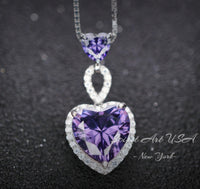 Genuine Amethyst Necklace - Double Heart Amethyst Jewelry - Full Sterling Silver Made February Birthstone Natural Gemstone Pendant #927