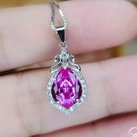 Teardrop Pink Tourmaline Necklace, Gemstone Halo Pink Gemstone Pendant, Sterling Silver White gold Solitaire Fuchsia Gemstone Jewelry #196