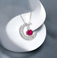 Crescent Moon Ruby Necklace full 925 Sterling Silver Two Pendant One Necklace July Birthstone adjustable chain #226