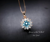 Aquamarine Necklace - Tiny Rose Gold Over Sterling silver Halo Solitaire Blue Princess Diana Style - Aquamarine Jewelry 072