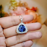 Large Trillion Tanzanite Necklace - Sterling Silver Solitaire Halo December Birthstone Triangle Lab Created Energic Tanzanite Pendant #774