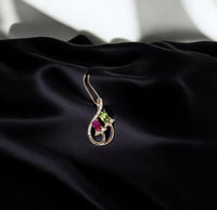 Dainty Ruby Peridot Necklace, Rose gold coated Sterling Silver Green Peridot Pendant, Flower Red Ruby Peridot birthstone #1000