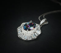 Lotus leaf Mystic Topaz Necklace Sterling Silver Flower Petal Pendant White Gold plated oval rainbow gemstone 16"~20 adjustable chain #422