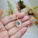 Blue Paraiba Tourmaline Necklace Rose Gold Coated Sterling Silver Leaf Feather Teardrop Blue Paraiba Pendant #458