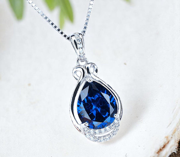 Blue Sapphire Necklace - Teardrop Gemstone White Gold Sterling silver 2.8 CT Sapphire Pendant - Large Bridal Jewelry #487