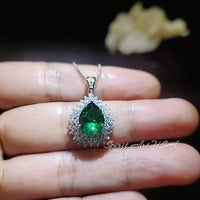 Double Halo Teardrop Emerald Necklace - 18KGP Sterling Silver - 3 CT Large Nano Green Emerald Pendant - Gemstone Pear Jewelry 1120