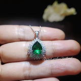Double Halo Teardrop Emerald Necklace - 18KGP Sterling Silver - 3 CT Large Nano Green Emerald Pendant - Gemstone Pear Jewelry 1120