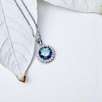 Mystic Topaz Necklace - Gemstone Sunflower Style - White Gold plated Sterling Silver - Princess Diana Style 10mm Rainbow Topaz Jewelry #363