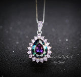 Mystic Rainbow Topaz Necklace – 4CT Teardrop Halo Pendant, Pink Tourmaline, 18K 925 Sterling Silver Jewelry November Birthstone #967