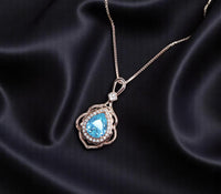 Sky Blue Aquamarine Necklace - Rose Gold Coated sterling Silver Flower Teardrop Large Aquamarine Pendant #639
