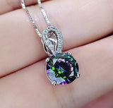 Round Mystic Topaz Necklace Sterling Silver 2 ct Round Sim Gemstone Rainbow Pendant 18k White Gold Coated Solitaire Halo Minimalist 094