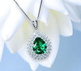 Double Halo Teardrop Emerald Necklace - 18KGP Sterling Silver - 3 CT Large Nano Green Emerald Pendant - Gemstone Pear Jewelry 1120