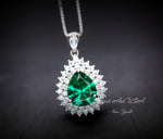 Double Halo Teardrop Emerald Necklace - 18KGP Sterling Silver - 3 CT Large Nano Green Emerald Pendant - Gemstone Pear Jewelry 1120