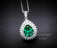 Double Halo Teardrop Emerald Necklace - 18KGP Sterling Silver - 3 CT Large Nano Green Emerald Pendant - Gemstone Pear Jewelry 1120