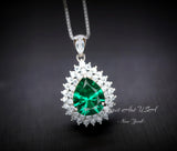 Double Halo Teardrop Emerald Necklace - 18KGP Sterling Silver - 3 CT Large Nano Green Emerald Pendant - Gemstone Pear Jewelry 1120