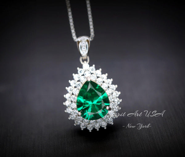 Double Halo Teardrop Emerald Necklace - 18KGP Sterling Silver - 3 CT Large Nano Green Emerald Pendant - Gemstone Pear Jewelry 1120