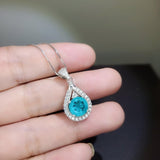 Round Paraiba Necklace - 2 CT Created Blue Tourmaline Paraiba Teardrop Sterling Silver Pendant 092