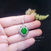 Flower Of life Jade Necklace - White gold plated Sterling silver Oval Green Jade Pendant #942