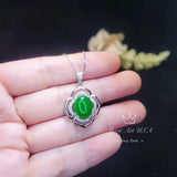 Flower Of life Jade Necklace - White gold plated Sterling silver Oval Green Jade Pendant #942