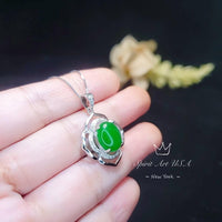 Flower Of life Jade Necklace - White gold plated Sterling silver Oval Green Jade Pendant #942