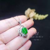 Flower Of life Jade Necklace - White gold plated Sterling silver Oval Green Jade Pendant #942