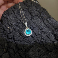 Round Paraiba Necklace - 2 CT Created Blue Tourmaline Paraiba Teardrop Sterling Silver Pendant 092