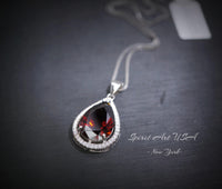 Large Teardrop Garnet Necklace - 5.5 CT Deep Red Gemstone Garnet Pendant - White Gold Sterling Silver January Birthstone #772