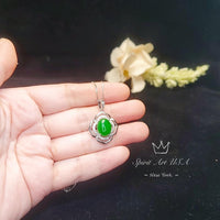 Flower Of life Jade Necklace - White gold plated Sterling silver Oval Green Jade Pendant #942