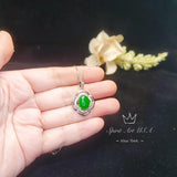 Flower Of life Jade Necklace - White gold plated Sterling silver Oval Green Jade Pendant #942