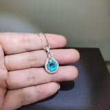 Round Paraiba Necklace - 2 CT Created Blue Tourmaline Paraiba Teardrop Sterling Silver Pendant 092