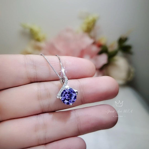 Simple Amethyst Necklace Gemstone 2CT Bowknot Created Purple Gemstone Pendant Sterling Silver Minimalist synthetic Amethyst Jewelry 034