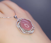 Natural Pink Chalcedony Necklace - 18KGP @ Sterling Silver - Diamond Net Pink Gemstone - Genuine Pink Chalcedony Pendant 1070