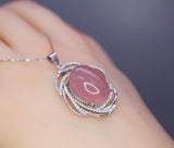 Natural Pink Chalcedony Necklace - 18KGP @ Sterling Silver - Diamond Net Pink Gemstone - Genuine Pink Chalcedony Pendant 1070