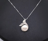 Natural White Pearl Necklace Sterling Silver, Large Freshwater bridal Peal jewelry Mermaid Fish Tail Jewelry 1097